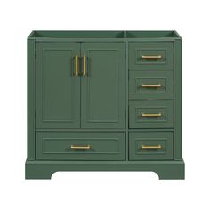 a green cabinet with gold handles and drawers on the bottom, against a white background