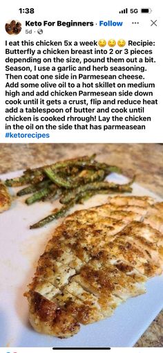 a piece of chicken on a plate with asparagus next to it and the caption reads, keto for beginners follow