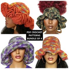 three hats with different colors and patterns on top of each hat, one in multicolors