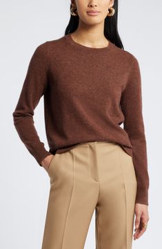 Every closet craves this classic cashmere sweater full of warmth and polish. 24 1/2" length (size Medium) Crewneck Long sleeves 100% cashmere Dry clean Imported Classic Cashmere Tops For Fall, Brown Fine Knit Cashmere Sweater, Elegant Brown Crew Neck Sweater, Classic Brown Cashmere Top, Soft Autumn Color Palette, Brown Brick, Cinnamon Brown, Oversized Turtleneck Sweater, Oversized Turtleneck