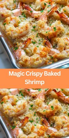 two photos of shrimp baked in a casserole dish