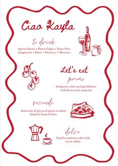 the menu for an italian restaurant with red trimmings and lettering on white paper