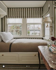 a bed sitting under a window in a bedroom