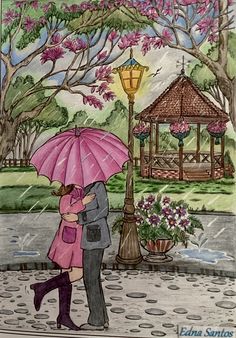 a painting of a couple kissing under an umbrella in the rain by a gazebo