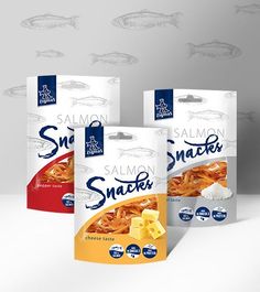 three packages of salmon snacks are shown