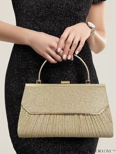 BagForLove - Gold Glitter Clutch: Elegant Evening Bag for Women with Pleated Design - Perfect for Parties & Weddings Gold Clutch Bag For Prom, Glamorous Handheld Bag For Prom, Wedding Glitter Rectangular Bag, Formal Holiday Bags, Rectangular Wedding Bag With Glitter, Rectangular Wedding Bags With Glitter, Prom Handbag, Prom Gold, Gold Evening Bag