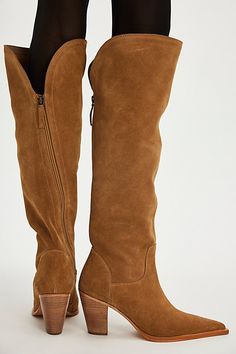 A sharp snip toe takes these suede over-the-knee boots to the next level. **Features:** Over-the-knee length, suede uppers, pointed snip toe, asymmetrical zipper closure, slit at back of knee, block heel **Why We | Over The Moon Tall Boots by FP Collection at Free People in Tan, Size: US 8 Over The Moon, Tall Boots, Over The Knee Boots, Over The Knee, Black Suede, Knee Boots, The Moon, Block Heels, Knee Length