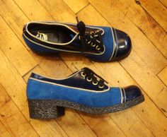 This is vintage pair of Worthmore Shoes 2 Tone Platform shoes from the 1970's.  They are unworn and in excellent condition.   The uppers are done in blue suede and dark navy blue leather.  The soles and heels have a crepe texture.  Size is marked as 9D.   Comes from a smoke free home. Measurements:  Insole:  10.5"   Outsole:  11"   Bottom Width:  4"   Heel:  2"   Platform: 1/2" Please ask me any questions you may have before buying as this is a final sale. Please know your measurements and allow for movement.   I ship within 3 business days of cleared payment, usually sooner.  If you need something quickly, just let me know.  I am happy to combine shipping on multiple purchases, except heavy winter coats, to save money. Thank you for looking at my listing! Heavy Winter Coat, Dark Navy Blue, Mens Oxfords, Blue Suede, Platform Shoes, Blue Leather, Leather Shoes, 1970s, Shoes Mens