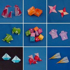 many different types of origami toys are shown in multiple pictures, including one with an arrow