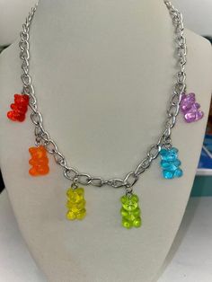 Silver chain necklace with six translucent-colored gummy bear charms. Clasp. 18 in. Gummy Bear Necklace, Haribo Gummy Bears, Bear Necklace, Birthday List, Gummy Bears, Silver Chain Necklace, Cute Jewelry, Silver Chain, Charm Necklace