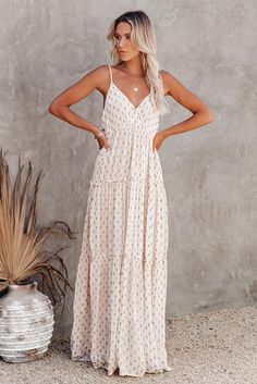 Beige Pattern Print Tiered Ruffled Spaghetti Strap V Neck Maxi Dress Sleeveless Beige Maxi Dress With Ruffle Hem, Beige Sundress With Spaghetti Straps And Ruffles, Casual Maxi Dress With Spaghetti Straps And Ruffles, Beige Maxi Dress With Spaghetti Straps And Ruffles, Beige Spaghetti Strap Maxi Dress With Ruffles, Trendy Maxi Dresses, V Neck Maxi Dress, Beige Pattern, Maxi Dress Pattern