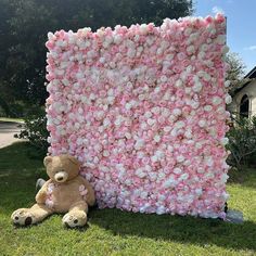 a teddy bear sitting in front of a giant flower wall with pink and white flowers on it