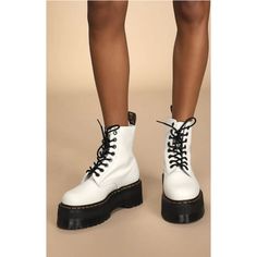 Doc Martens 1460 Pascal Max Boots In White Leather Set On Their Highest Platform To Date, These Head-Turning Boots By Dr. Martens Are Featured In The Classic 8-Eye Silhouette And Ultra-Soft Pisa Leather With A Towering Platform Sole, Yellow Welt Stitching, And Signature Scripted Airwair Heel Loops. Pull-On Style Goodyear-Welted Cushioned Footbed Secure Lace-Up Closure Pisa Is A Medium-Weight Milled Nappa Leather With A Soft Tumbled Handle And Richly Pigmented Waxy Finish. Imported Leather, Rubbe Platform Docs, Platform Doc Martens, Doc Martens 1460, Eye Silhouette, Goodyear Welt, Doc Martens, Moto Boots, Rubber Heels, Nappa Leather