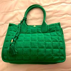 Green, Terry Cloth, Vince Camuto Shoulder Bag Luxury Tote Satchel For Vacation, Luxury Double Handle Satchel For Vacation, Green Top Handle Vacation Bag, Green Satchel With Braided Handles Top Handle, Green Satchel With Braided Top Handles, Green Top Handle Satchel With Braided Handles, Vacation Shoulder Bag With Double Handle And Gold-tone Hardware, Vacation Tote Shoulder Bag With Gold-tone Hardware, Gold-tone Tote Shoulder Bag For Vacation