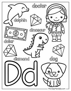 the letter d is for dinosaur and other animals with their names in black and white