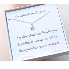 Best Friend Jewelry, Jewelry gift for her, Best friend necklace, Long Distance, Friends Forever, Friendship Quotes, Star necklace silver This necklace is made from .925 sterling silver and tiny cubic zirconia stones. The perfect gift to show your friend how much she means to you even when you can't be together. A dainty little necklace great for wearing alone or layering with other pieces.  J E W E L R Y ∙ D E T A I L S * MATERIAL: Sterling Silver * PENDANT MEASUREMENTS: 8 mm  * CHAIN LENGTH: 16 Inspirational Silver Necklace Gift Idea, Inspirational Silver Necklace Gift, Inspirational Silver Charm Necklace For Gift, Silver Star Necklace For Mother's Day, Inspirational Silver Jewelry For Best Friend Gift, Meaningful Silver Charm Necklace For Gift, Meaningful Silver Charm Necklace As Gift, Silver Star Charm Jewelry For Friendship, Silver Meaningful Jewelry For Best Friend