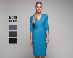 "Blue office dress with V-neckline combines elegance and practicality. The dress will emphasize the advantages of your figure, making it more expressive. Suitable for business events, dinners, and cocktail parties. Minimalistic dress with excellent tailoring. IMPORTANT NOTICE: Please agree with us your size before making an order. MEASUREMENT CHART: 6 (USA) / 36(EU) / 42 (UA) - 33\"/26\"/35\" 8 (USA) / 38(EU) / 44 (UA) - 34,5\"/28\"/36,5\" 10 (USA) / 40(EU) / 46 (UA) - 36\"/29\"/38\" 12 (USA) / 42(EU) / 48 (UA) - 38\"/31\"/39\" 14 (USA) / 44(EU) / 50 (UA) - 39,5\"/32\"/41\" 16 (USA) / 46(EU) / 52 (UA) - 42\"/34\"/44\" MODEL SIZE Bust 86 cm (33.86\") / Waist 73 cm (28.74\") / Hips - 91 cm (35.83\") Height 178 cm (70,07\") She is wearing size: 8 (USA) / S. THIS DRESS IS ALSO AVAILABLE IN OTH Blue Fitted Bodice Midi Dress For Work, Blue Midi Dress With Fitted Bodice For Work, Blue Fitted Midi Dress For Work, V-neck Dress With Fitted Bodice For Work, Fitted Bodice V-neck Dress For Work, Formal Blue Midi Dress With Fitted Bodice, Blue Midi Dress With Fitted Bodice For Formal Occasions, Blue Midi Dress With Fitted Bodice For Formal Events, Elegant Blue Midi Dress With Flattering Silhouette