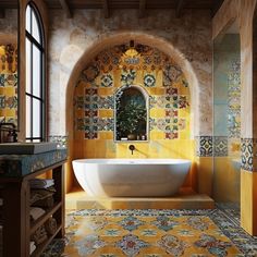 an ornate bathroom with yellow and blue tiles on the walls, flooring and bathtub