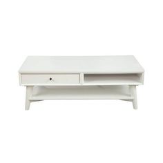 a white coffee table with two drawers on one side and an open drawer on the other