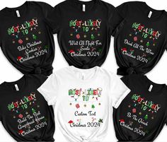 Most Likely To Christmas 2024 Shirts Personalized Family Friends Christmas Party Sweatshirts Funny Family Matching Christmas Group Shirts Please be aware that the pajama pants featured in our cover photo are for visual representation only. Our shop exclusively sells t-shirts, and pajama pants are NOT included in your purchase. We apologize for any confusion and appreciate your understanding! Express shipping available ONLY on White and Athletic Heather shirts.  ★Ready to Order? -Please check all Casual Christmas T-shirt For Family, Friends Christmas Party, Family Matching Graphic T-shirt For Holiday, Festive Family Matching T-shirt For Holidays, Holiday Family Matching Graphic T-shirt, Family Matching Holiday T-shirt With Graphic Print, Family Matching Christmas, Friends Christmas, Funny Family