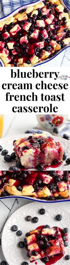 blueberry cream cheese french toast casserole on a white plate with text overlay