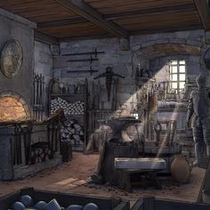 a room filled with lots of clutter next to a fire place in a stone building