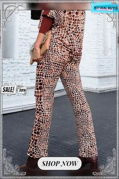 High Elasticity Regular Fit Geometric Fashion Long Pants Casual Pants With Geometric Pattern For Spring, Chic Summer Bottoms With Geometric Pattern, Chic Printed Ankle-length Pants, Chic Printed Trousers, Trendy Stretch Printed Pants, Printed Brown Bottoms For Spring, Wide Leg Bottoms With Geometric Pattern For Spring, Chic Printed Ankle-length Bottoms, Chic Ankle-length Printed Bottoms