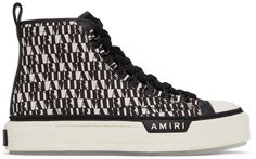 High-top canvas and buffed leather sneakers featuring logo pattern printed in black and white throughout. · Tonal lace-up closure · Leather pull-loop at collar · Tonal eyelets at inner side · Textured rubber midsole in off-white · Treaded rubber outsole in transparent · Tonal hardware Supplier color: Black/White Canvas High-top Lace-up Sneakers With Logo Print, Lace-up High-top Canvas Sneakers With Logo, Streetwear High-top Lace-up Sneakers With Embroidered Logo, Designer High-top Sneakers With Logo Print, Designer High-top Sneakers For Streetwear, Modern Lace-up High-top Sneakers With Logo, Canvas High-top Sneakers With Logo Print For Streetwear, Logo High-top Lace-up Sneakers For Streetwear, Lace-up High-top Sneakers With Logo