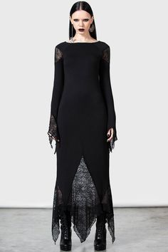 Spiderella Dress | Killstar Spiderweb Lace, 2010 Fashion, Patch Dress, Fitted Maxi Dress, Hanky Hem, Flare Sleeves, Gala Dresses, Black Maxi, Creepers