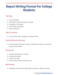 report writing format for college students with the title in red and blue on top of it