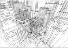 a pencil drawing of some buildings in the middle of a city with lots of windows