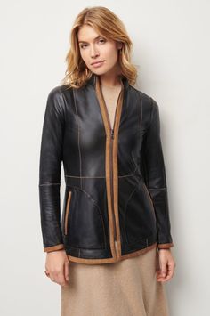 Adele Reversible Italian Lambskin Suede Leather Jacket | Overland Fall Leather Jacket With Suede Lining, Luxury Leather Outerwear With Suede Lining, Leather Jacket With Suede Lining For Fall, Leather Jacket With Suede Lining For Work, Leather Outerwear With Suede Lining For Work, Chic Leather Outerwear For Layering, Winter Leather Jacket For Layering, Leather Jacket With Contrast Stitching For Work, Fitted Leather Outerwear For Layering