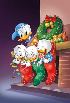 three cartoon birds hanging from stockings in front of a christmas wreath