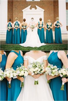 the bride and her bridal party in teal dresses