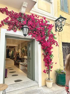 pink flowers are growing on the side of a building in front of a woman walking by