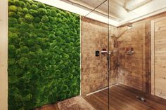 a bathroom with a moss wall in the shower and wooden flooring on the walls