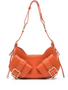 carrot orange leather gold-tone hardware decorative buckle detailing adjustable detachable shoulder strap top zip fastening main compartment internal slip pocket two front flap pockets Outfit Plan, Bags Aesthetic, Orange Bag, Orange Leather, Strap Top, Strap Tops, Metallic Accents, Flap Pocket, Leather Purses