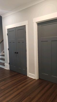 three gray doors in a white room with hardwood floors