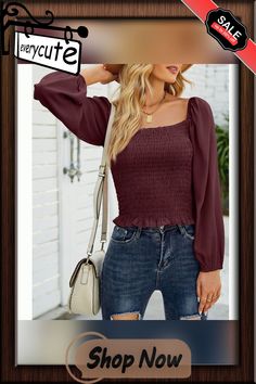 Burgundy Smocked Square Neck Chiffon Tunic Tops Chiffon Tunic Top, Chiffon Tunic, Square Neck, Smocking, Tunic Tops, Shop Now, Chiffon