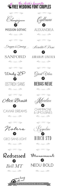 the wedding font collection is shown in black and white, with different styles to choose from