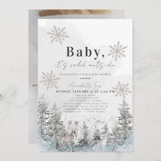 baby, it's cold outside winter party card with snowflakes and trees