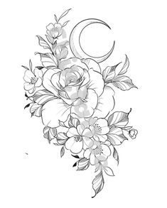 the moon and flowers tattoo design is shown in black and white, with leaves on it