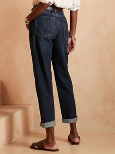 Rigid High-Rise Dark Wash Straight Jean | Banana Republic Factory Water Saving, Relaxed Jeans, Church Outfits, Banana Republic Factory, Perfect Jeans, Petite Size, Dark Denim, Jean Outfits, Straight Jeans