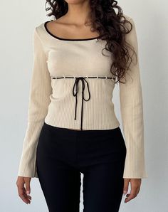 Juhye Knitted Long Sleeve Top in Beige with Black Binding Knit Long Sleeve Tops Pattern, Bday Outfits, Knit Shirts, Autumn Tops, Knitted Long Sleeve, Autumn Fits, Black Satin Dress, The Embrace, Autumn Outfits