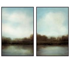 two paintings with trees and water in the background