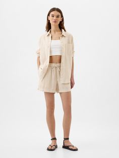 4" Mid Rise Easy Linen-Blend Pull-On Shorts | Gap Factory Casual Shorts With Pockets For Daywear, Striped Linen Shorts For Spring, Spring Striped Linen Shorts, Striped Linen Shorts For Summer, Striped Linen Summer Shorts, Casual Spring Shorts For Daywear, Casual Linen Shorts With Tie Waist, Casual Striped Bottoms With Drawstring, Beige Casual Shorts With Tie Waist