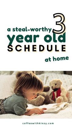 toddler reading on belly on a cozy bed with teddy bears: 3 year old daily schedule at home