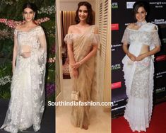 two different pictures of women in sari and one is wearing an off shoulder blouse