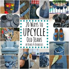 there are many pictures of old jeans and slippers on this page, including the words 20 ways to upcycle old jeans