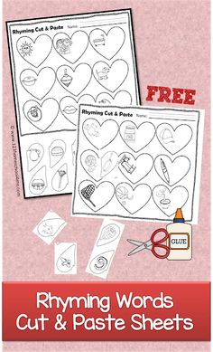 printable rhyming words cut and paste sheets for valentine's day with scissors